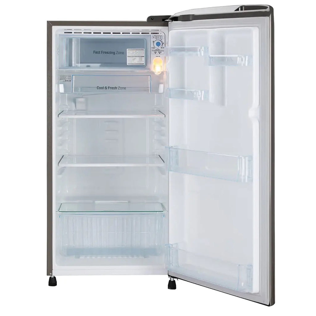 Interior of LG 190L fridge showing 175kg capacity toughened glass shelves and vegetable tray.