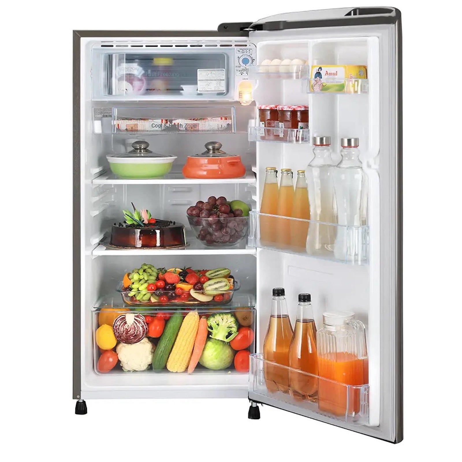 Interior of LG 190L fridge showing 175kg capacity toughened glass shelves and vegetable tray with vegetables, eggs, bottles