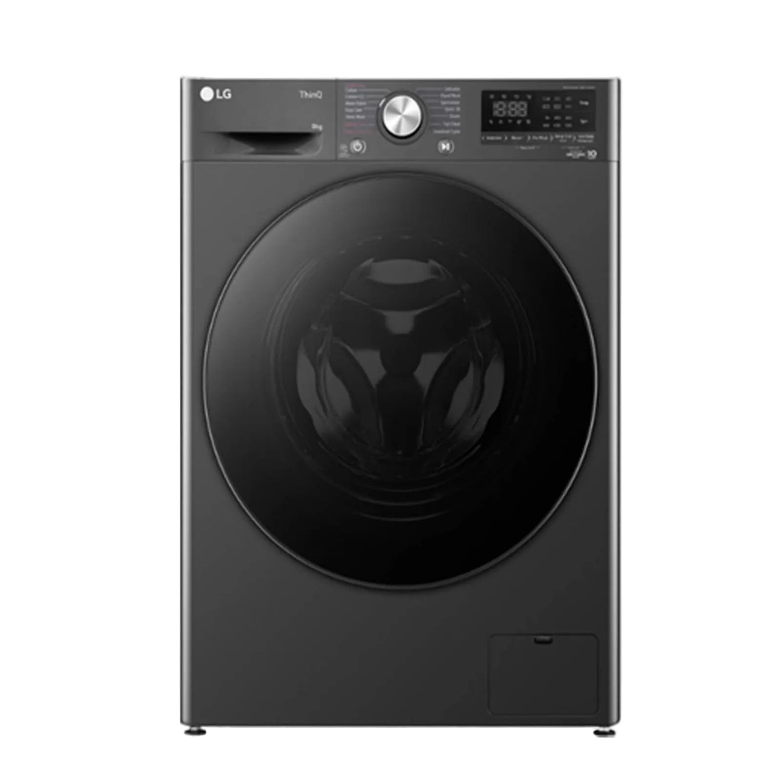 Front view of LG 9 KG FV1409S3M Washing Machine in Middle Black with Tempered Glass Door.