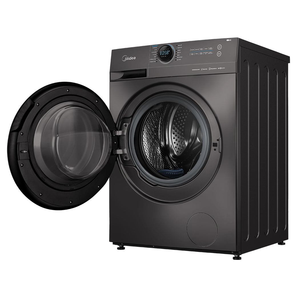 Premium Midea 10kg Front Load Washing Machine MF200W100WB in Titanium finish, featuring a large capacity drum and smart Lunar Dial interface