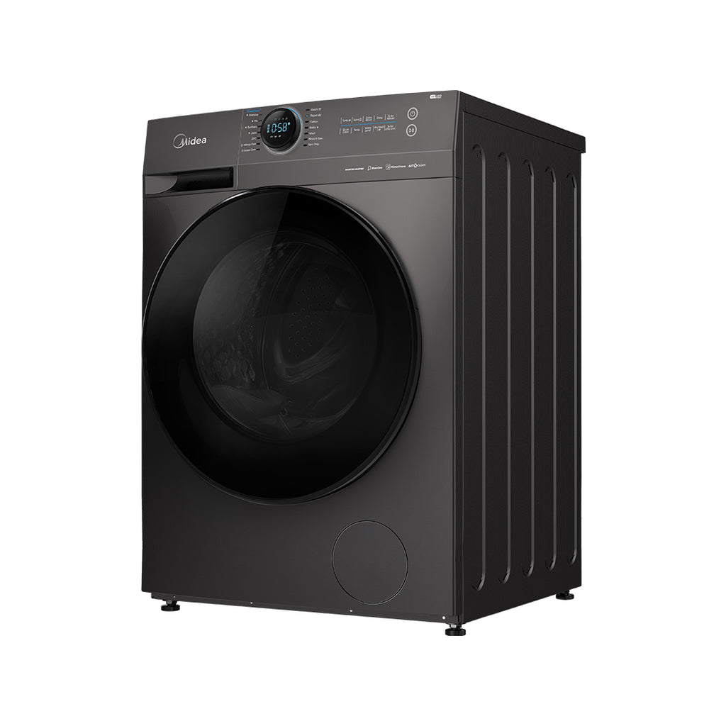 Side profile of the Midea 10kg washer (595x565x850 mm), showcasing its premium Titanium build and deep-capacity design for large households.