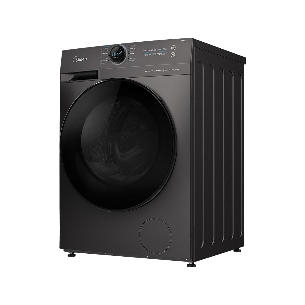 Side profile of the Midea 10kg washer (595x565x850 mm), showcasing its premium Titanium build and deep-capacity design for large households.