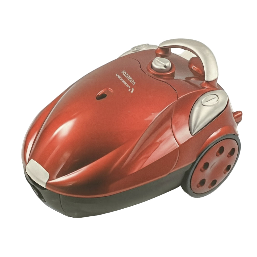 Red and silver vacuum cleaner against a blue gradient background