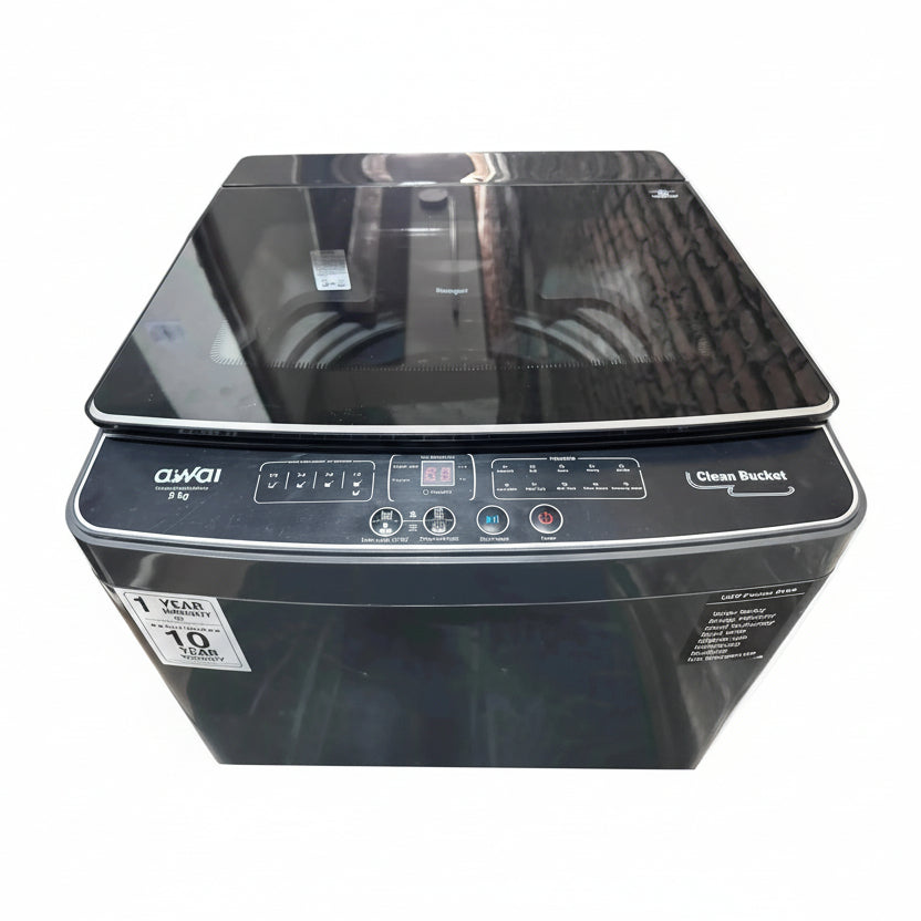 Awai 8kg Fully Automatic Top Load Washing Machine in sleek black with digital control panel