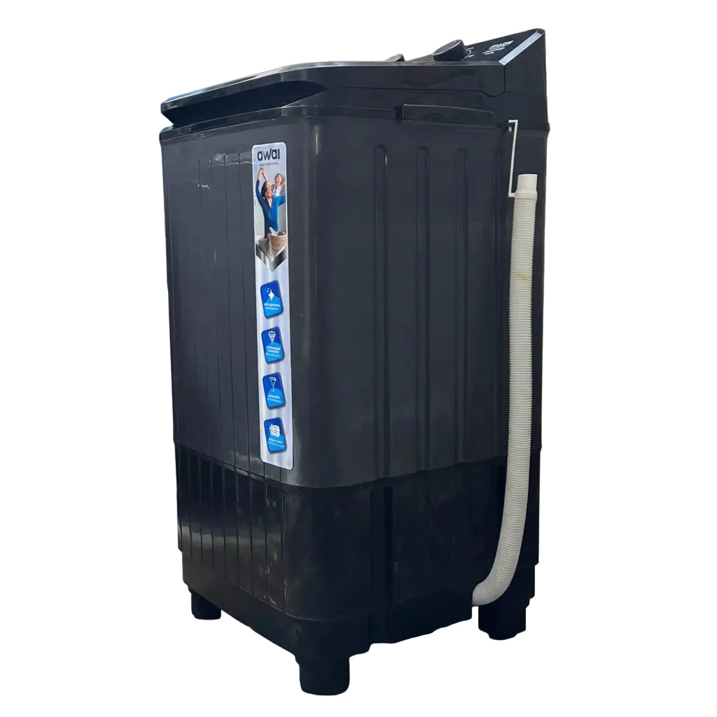 Rear view of Awai 9kg washer awinws900 showing 230VAC power connection and drainage setup.