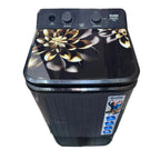 Close-up of Awai topload washer lid featuring elegant gold floral design and 15-minute wash timer dial