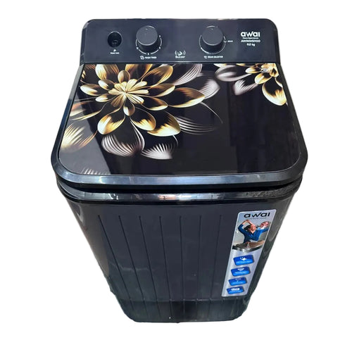 Close-up of Awai topload washer lid featuring elegant gold floral design and 15-minute wash timer dial