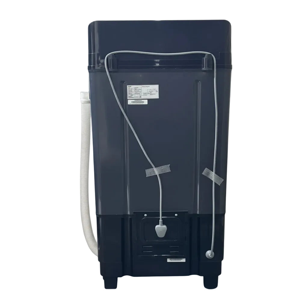 Back view of Awai 9kg washer showing 230VAC power connection and drainage setup.