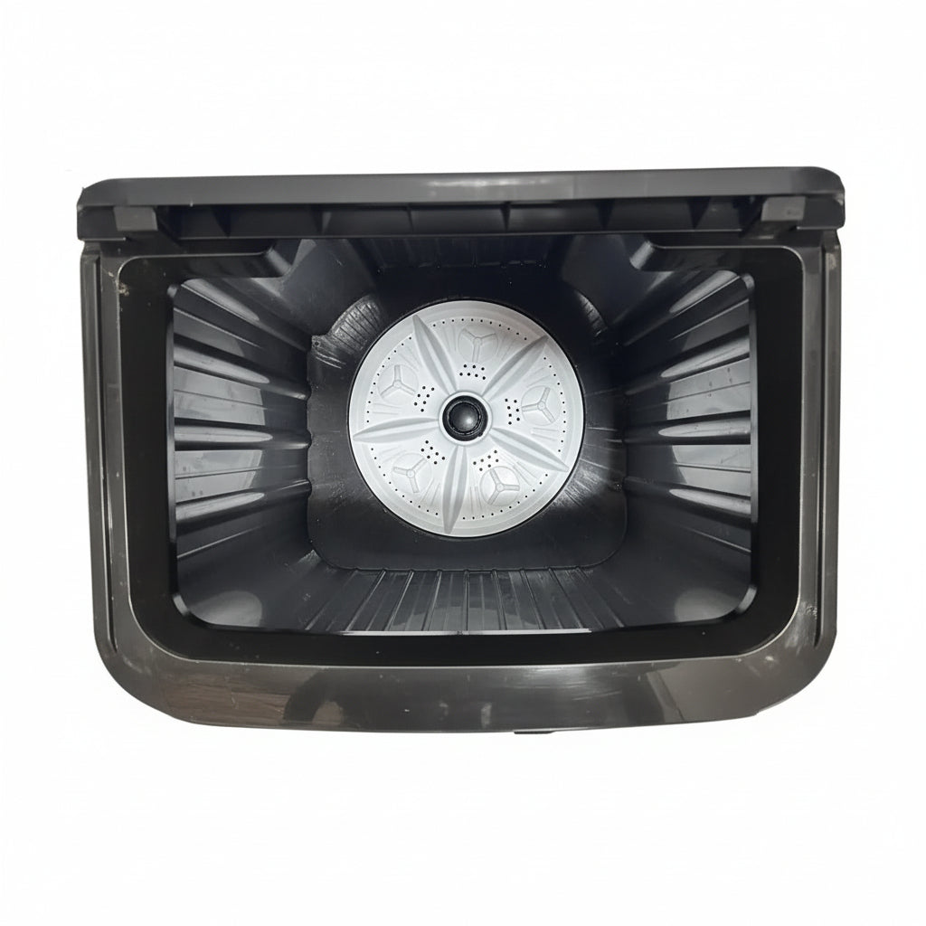 Inside view of Awai AWINWS900 washer showing the stainless steel drum and built-in Magic Filter for lint removal.