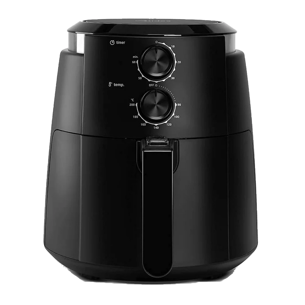 Front view of the Comfee 4L Manual Air Fryer MF-TN40B2 in matte black, featuring classic dual dial controls for easy temperature and time adjustment.