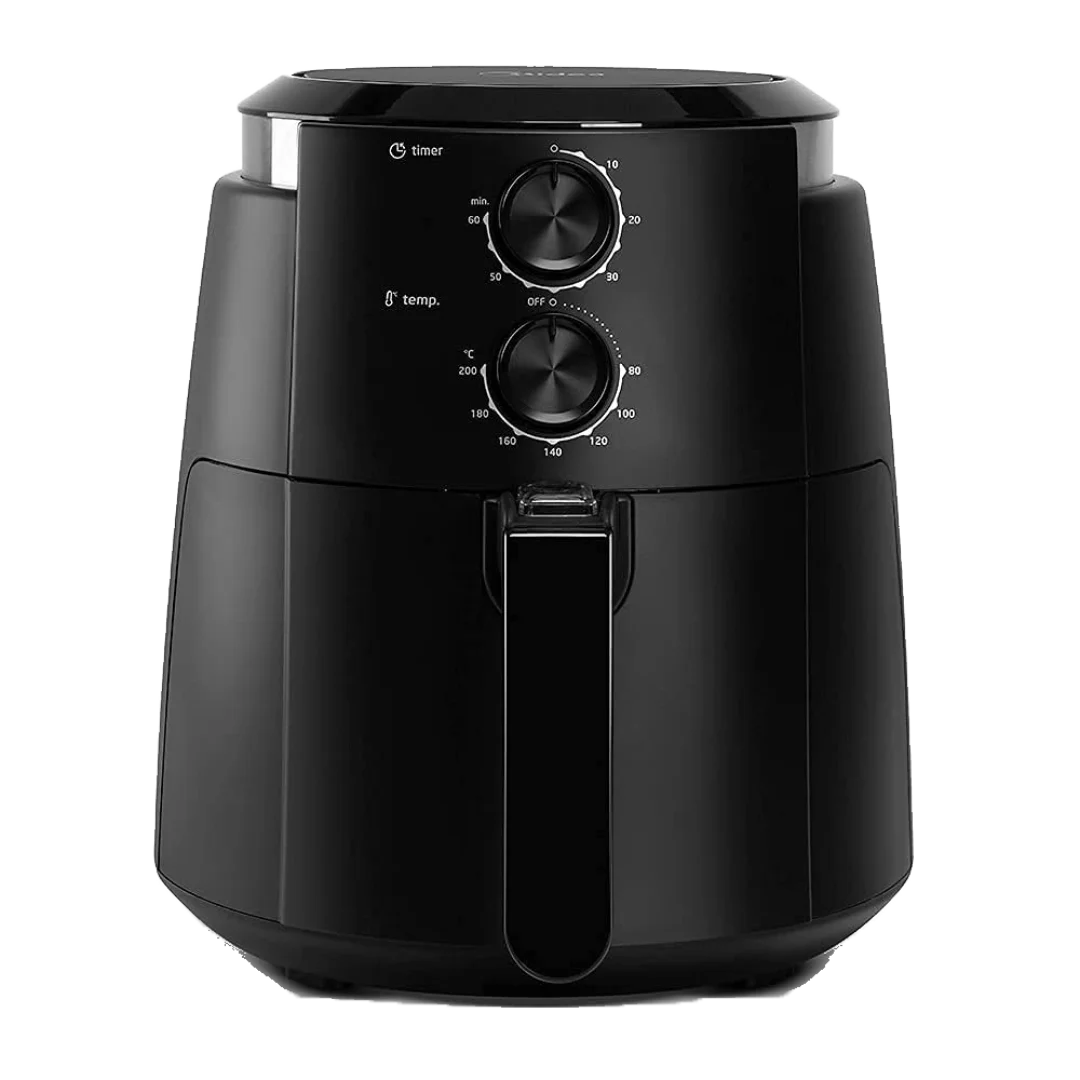 Front view of the Comfee 4L Manual Air Fryer MF-TN40B2 in matte black, featuring classic dual dial controls for easy temperature and time adjustment.