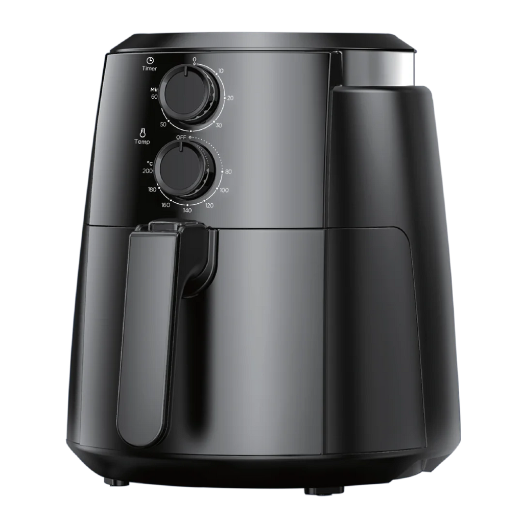 Comfee 4L Manual Air Fryer MF-TN40B2 in sleek black, featuring dual mechanical control dials for time and temperature.