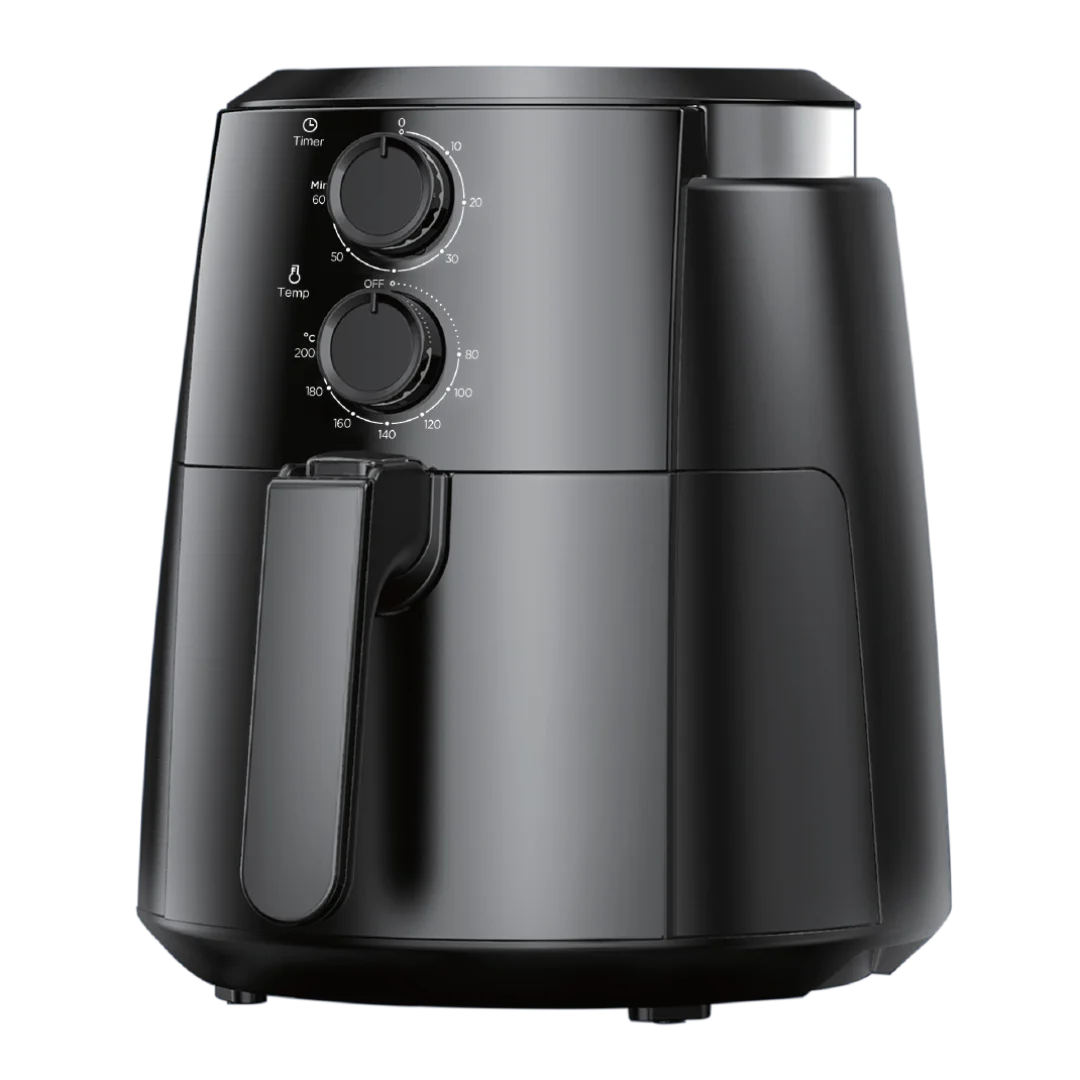 Comfee 4L Manual Air Fryer MF-TN40B2 in sleek black, featuring dual mechanical control dials for time and temperature.