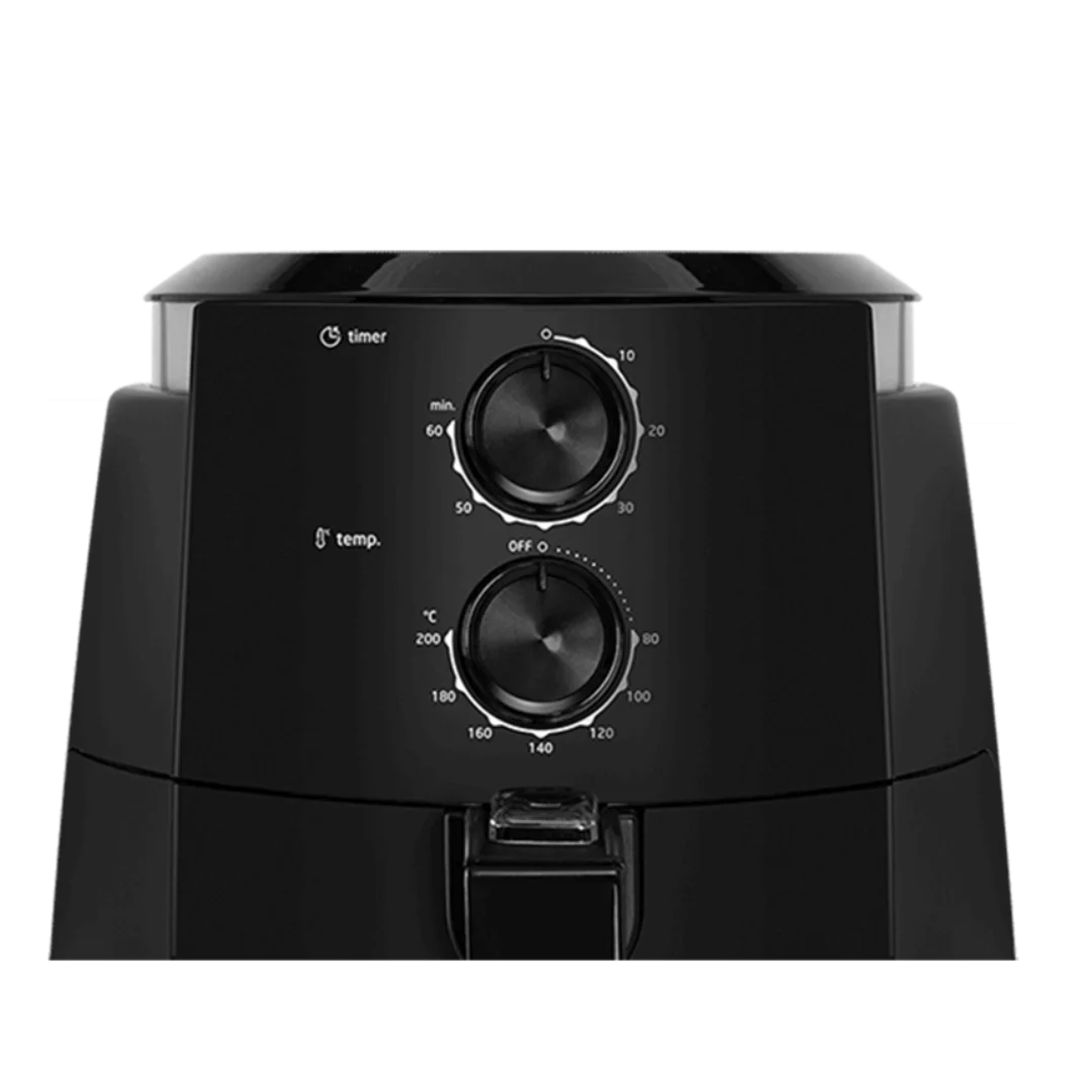 Close-up of the 60-minute manual timer dial on the Comfee 4L air fryer, highlighting precision cooking control.