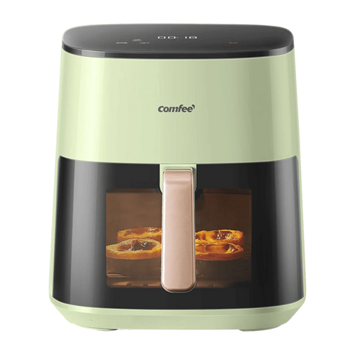 Front view of the Comfee 7.5L XXL Air Fryer MF-CY75G2 in matte black, highlighting the large observation window and sleek digital touch interface.