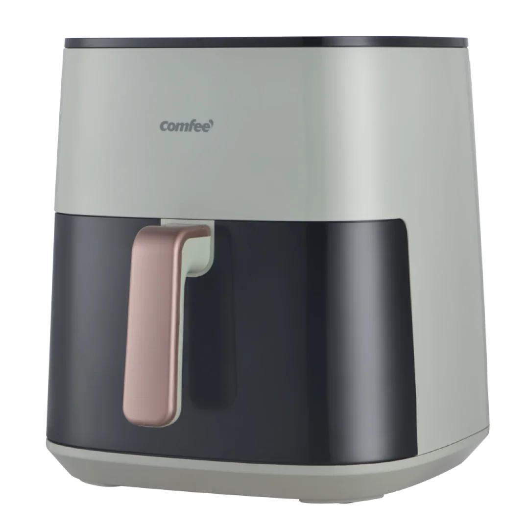 Side view of the Comfee 7.5L XXL Air Fryer MF-CY75G2 in matte black, highlighting the large observation window and sleek digital touch interface.