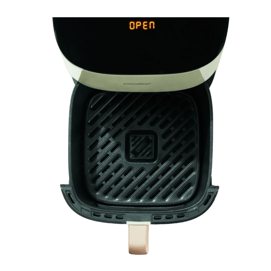 The detached 7.5-liter MF-CY75G2 non-stick basket and oil container of the Comfee air fryer, showcasing the massive capacity for family-sized meals.