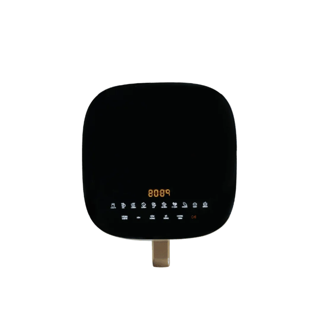 Close-up of the LED digital touch screen on the Comfee MF-CY75G2 7.5L air fryer, displaying the 10 preset cooking menus and temperature control icons