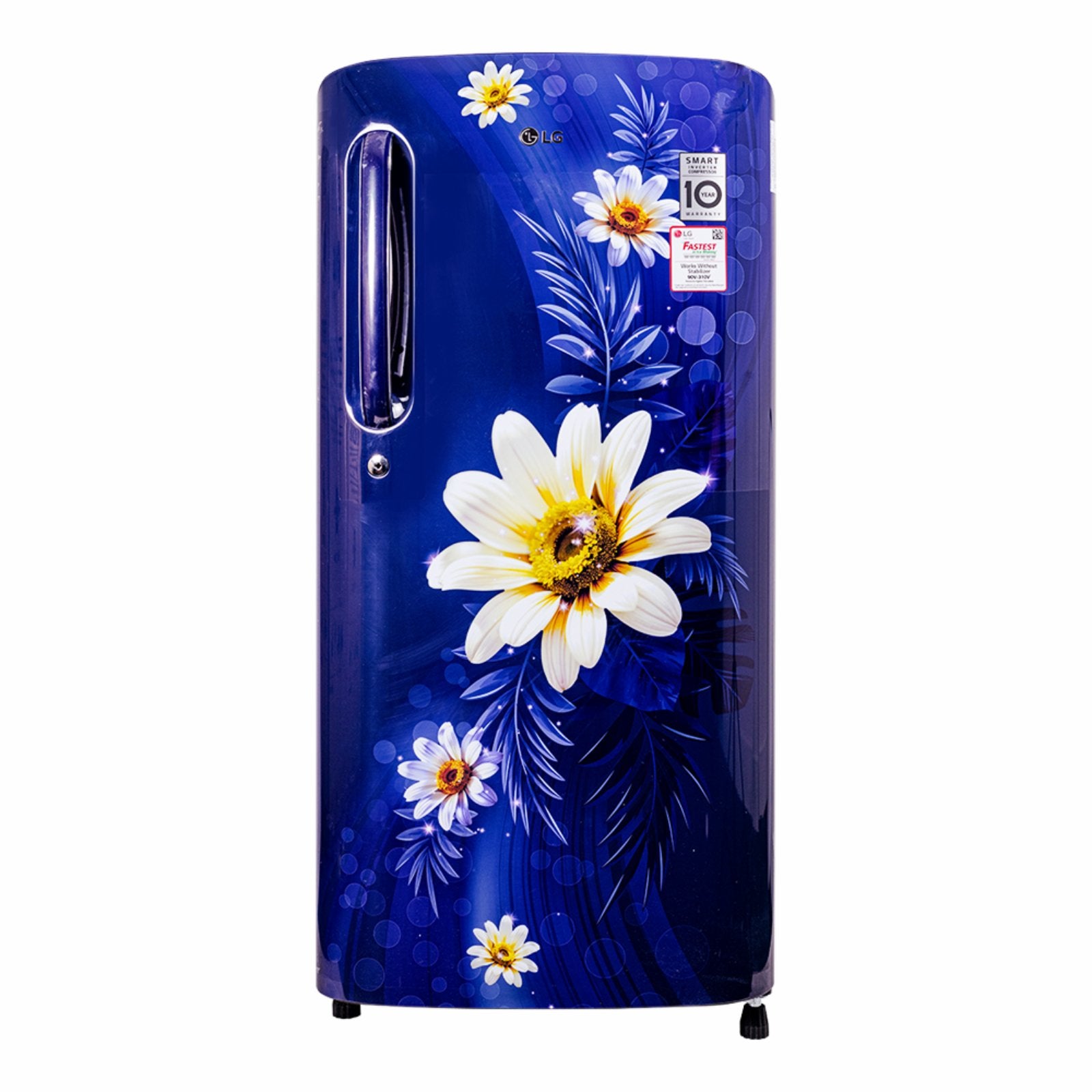 LG Blue refrigerator with floral design on a white background GLB205ABHB