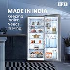 IFB refrigerator with open doors displaying various items in a kitchen setting