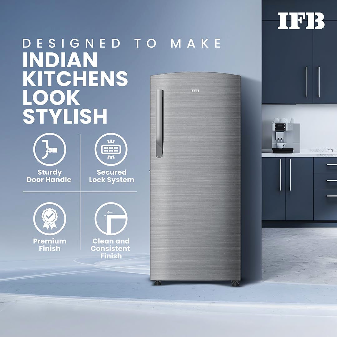 door handle, premium finish on the IFB 206L Brush Grey refrigerator.