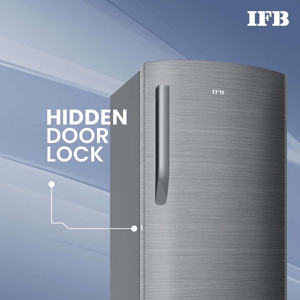 Integrated safety door lock feature on the IFB 206L Brush Grey refrigerator.