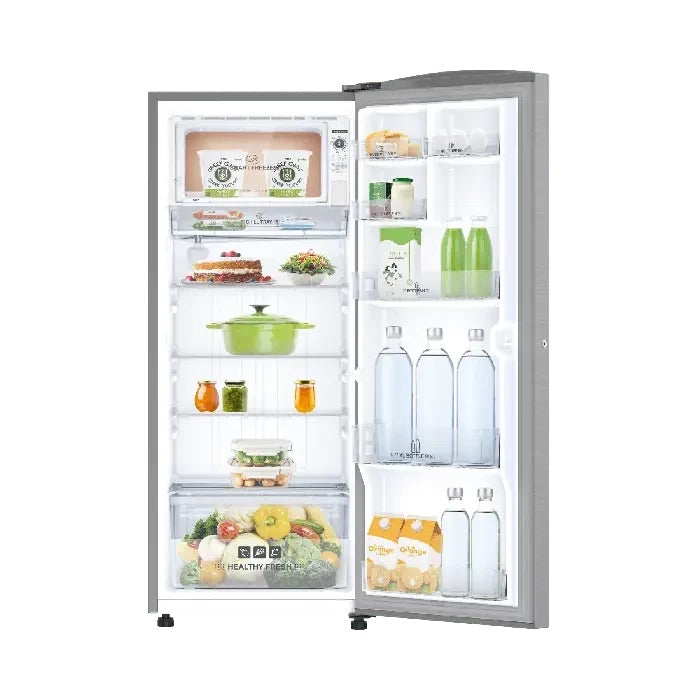 IFB IFBDC-2322FBS refrigerator fully stocked with food and large 2L bottles.