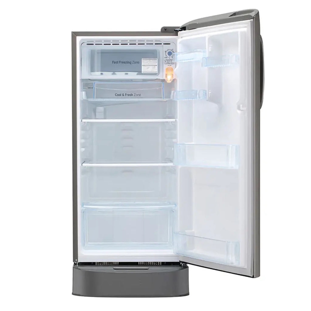 Interior view showing LG GLD201ALLB 190L capacity, toughened glass shelves, and transparent vegetable tray.