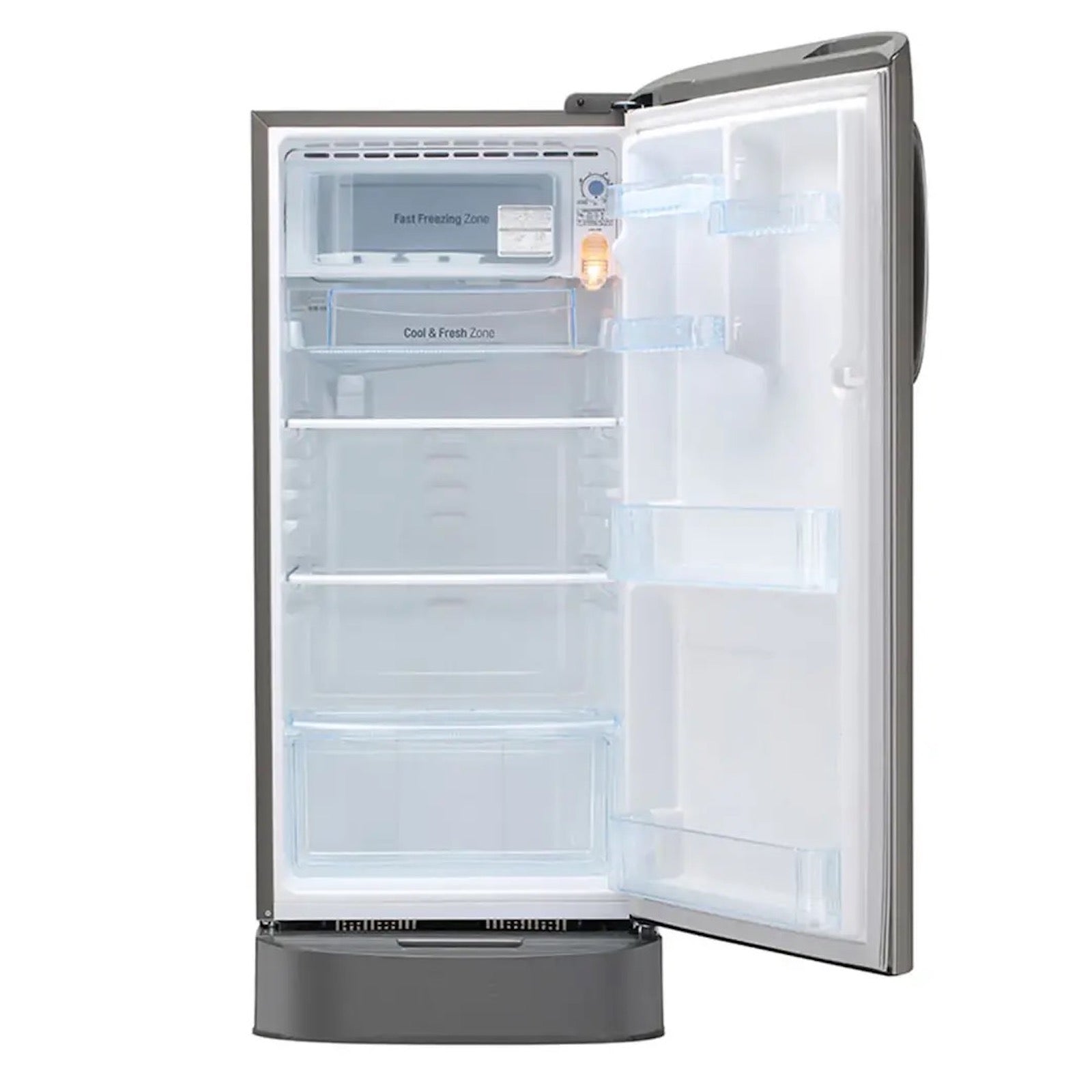 Interior view showing LG GLD201ALLB 190L capacity, toughened glass shelves, and transparent vegetable tray.