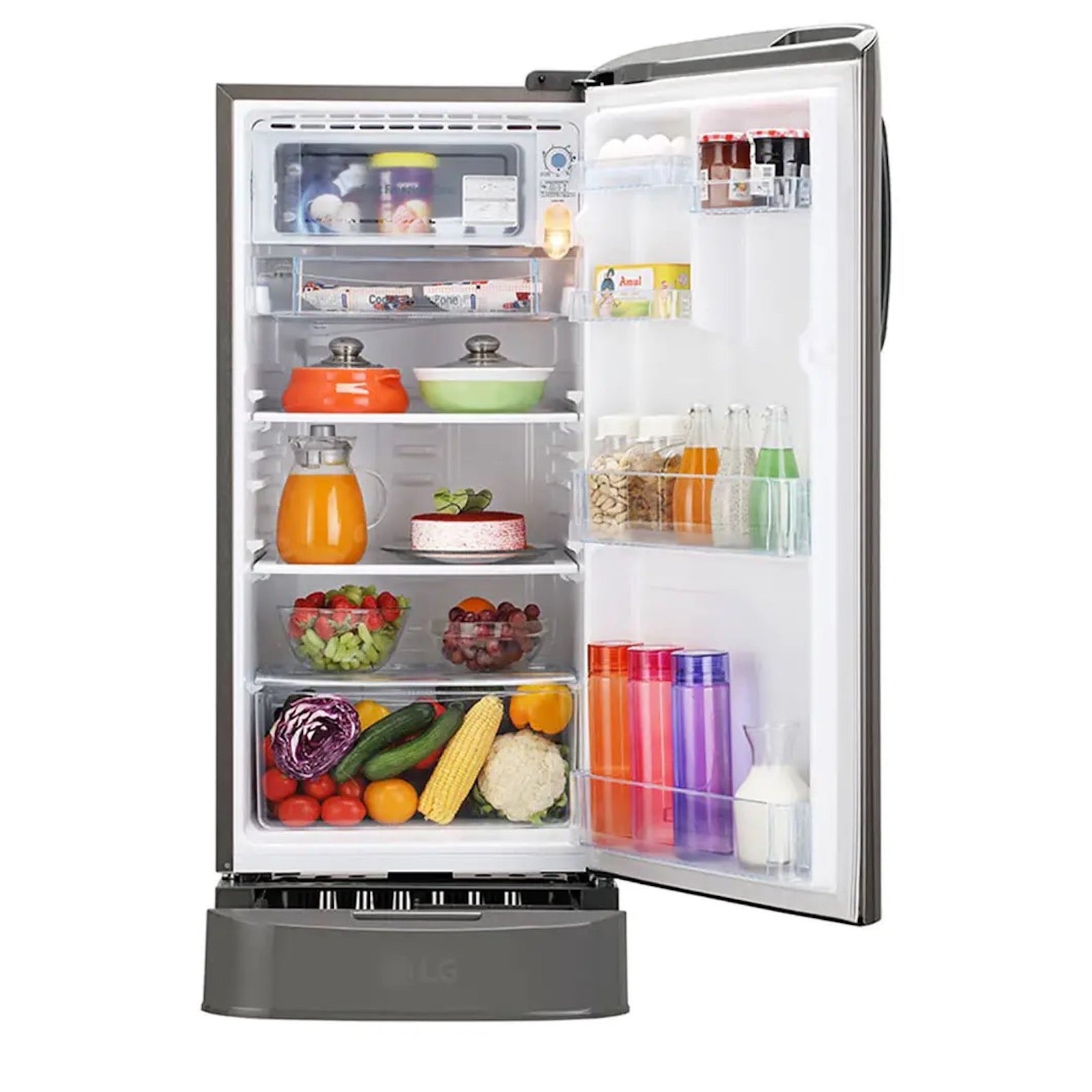 Interior view showing LG gld201allb 190L capacity, toughened glass shelves, and transparent vegetable tray.