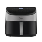 Front view of the Midea 6L Digital Air Fryer MF-CY55WK2 in matte black, showing the large see-through window and modern touch screen interface.