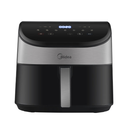 Front view of the Midea 6L Digital Air Fryer MF-CY55WK2 in matte black, showing the large see-through window and modern touch screen interface.