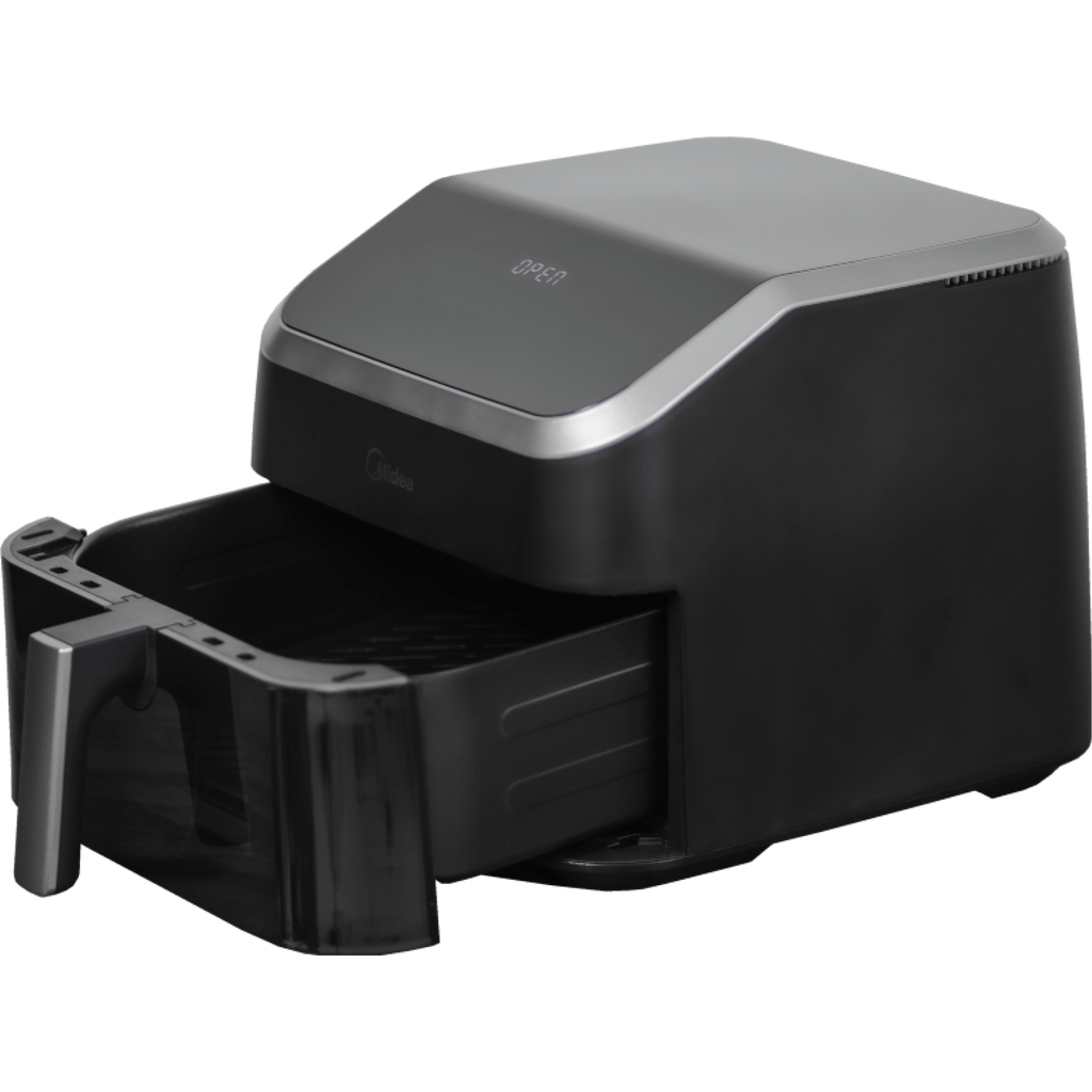The Widemax Base of the Midea 8.5L mf-cy85wk2 air fryer showing the spacious PFAS-free non-stick cooking area