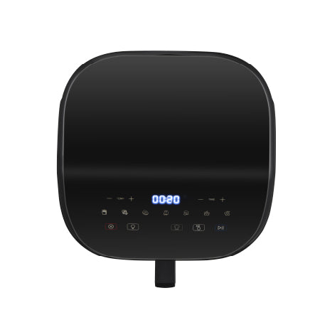 Close-up of the Midea 6L air fryer digital touch control panel highlighting the 9 preset functions and adjustable 230-degree Celsius temperature settings.