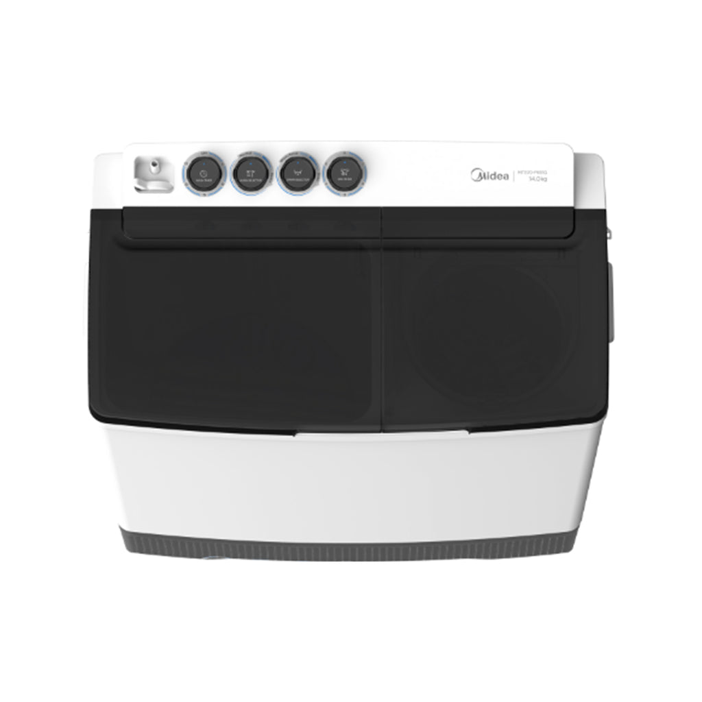 Top view of control knobs and water inlet selector on Midea MT100W80.