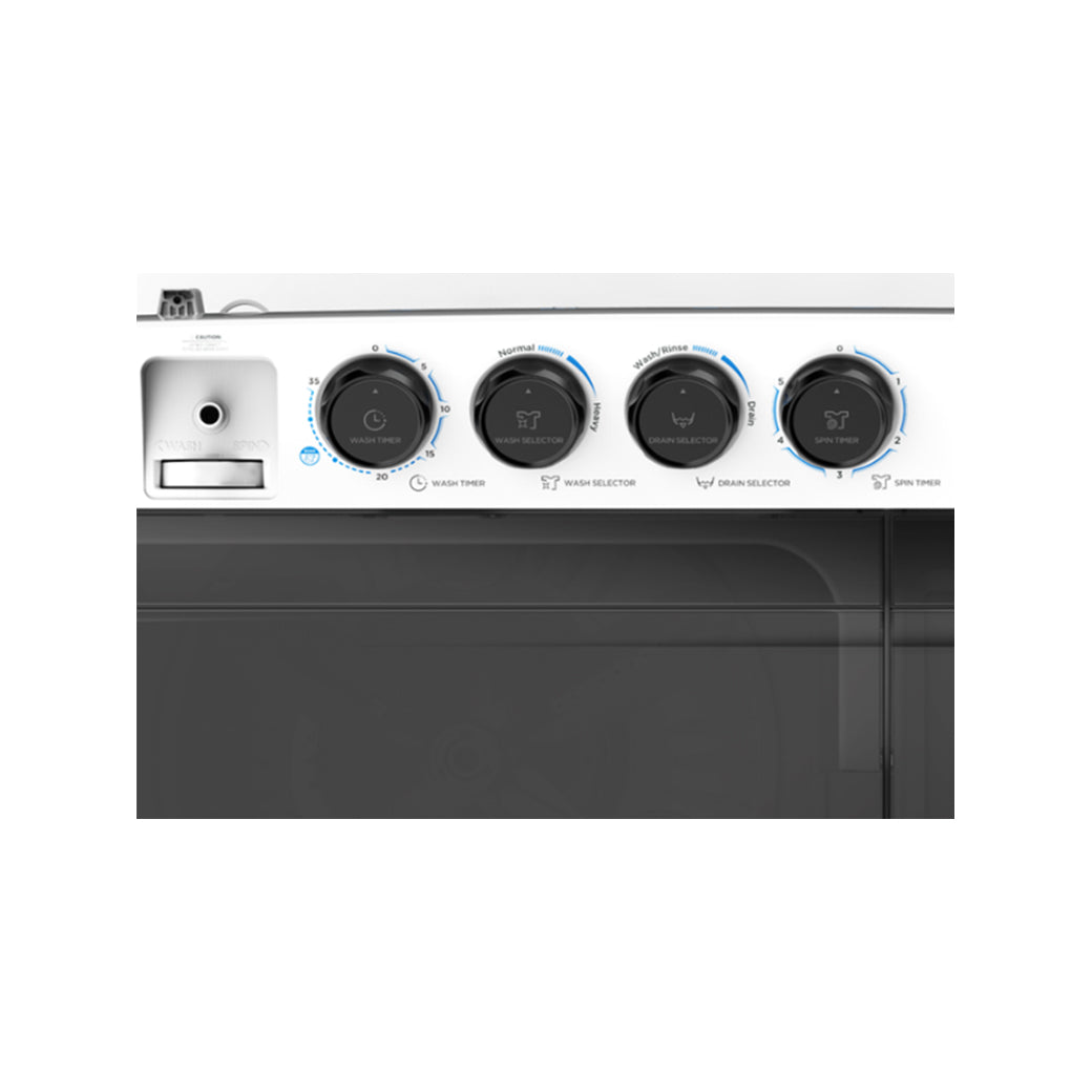 Large physical control knobs and water inlet selector on Midea MT100W80.