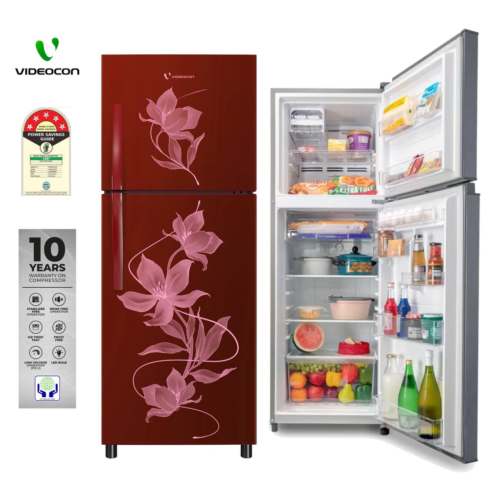 front and inside view of the Videocon Jumbo Freezer showing the Twist Ice Maker and spacious frozen food storage.