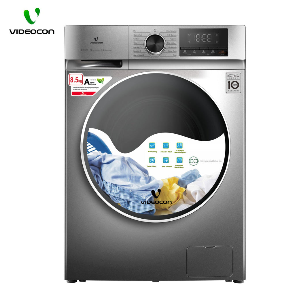 Front view of Videocon 8.5 Kg Fully Automatic Front Load Washing Machine (VD-8.5DDI) featuring a premium Chrome door and large digital display.